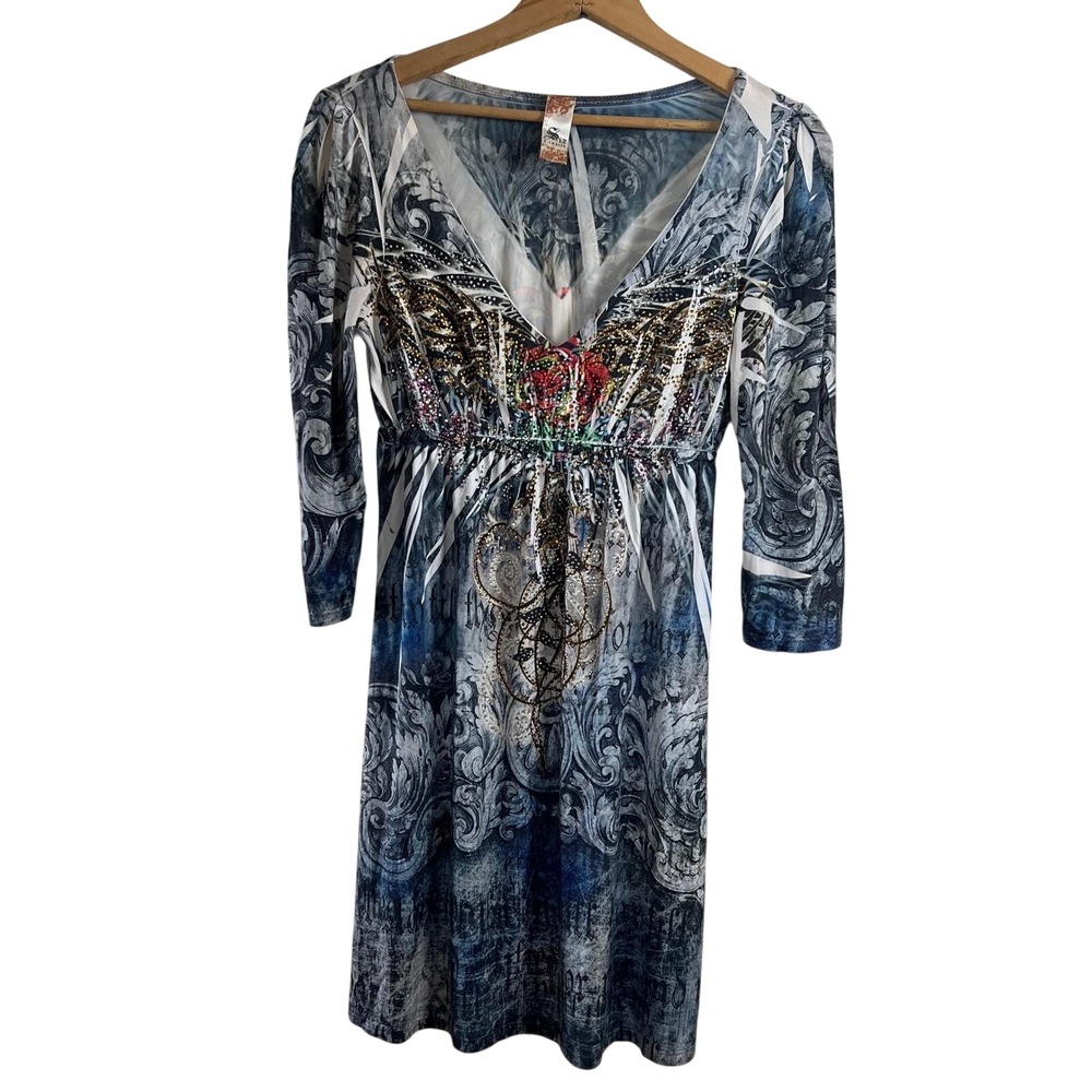 Vintage Y2K Rhinestone V-Neck Dress Tunic,  Rose Wing Graphic, S-Twelve